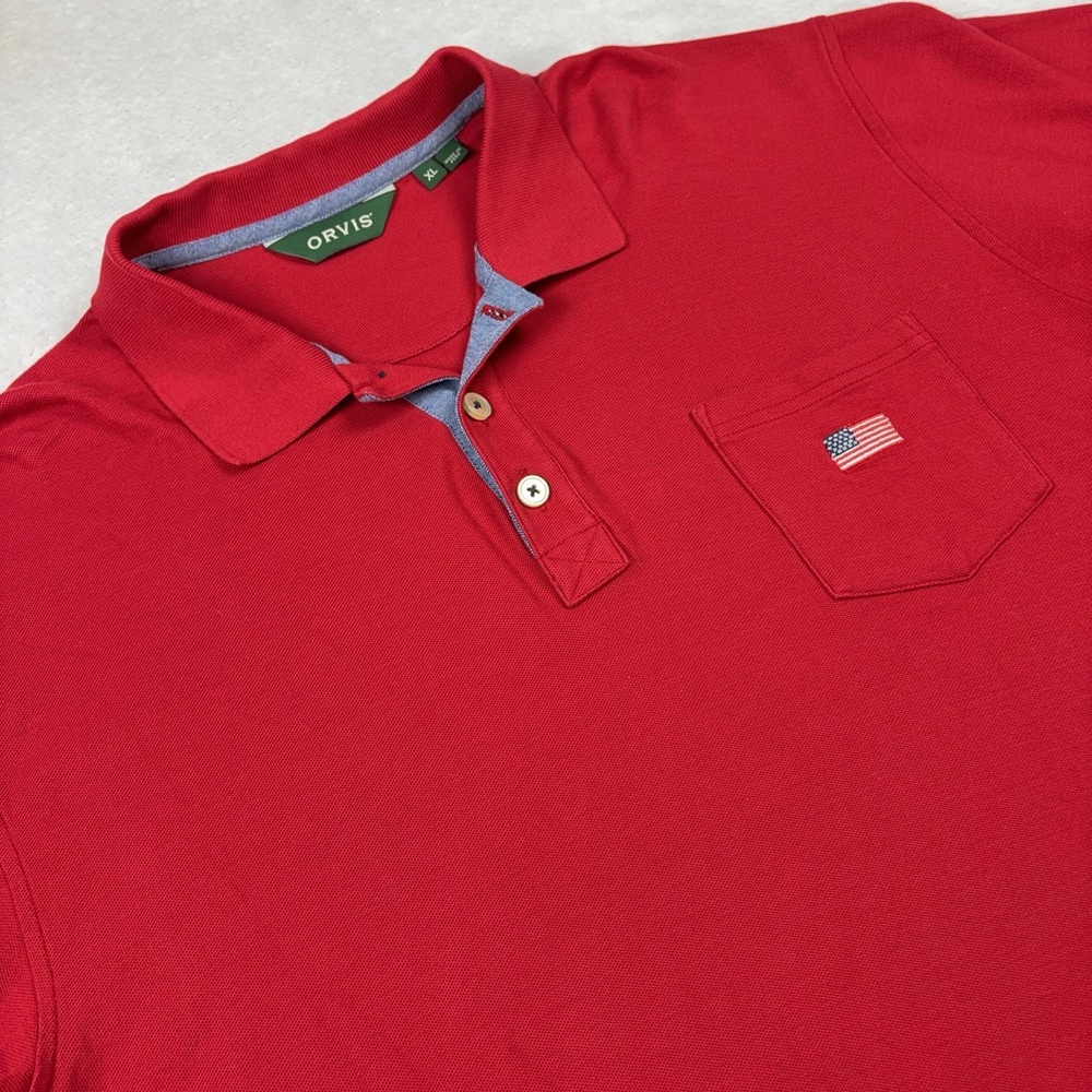 Orvis Polo Shirt Mens XL Red Cotton Collared Pocket Embroidered USA Flag